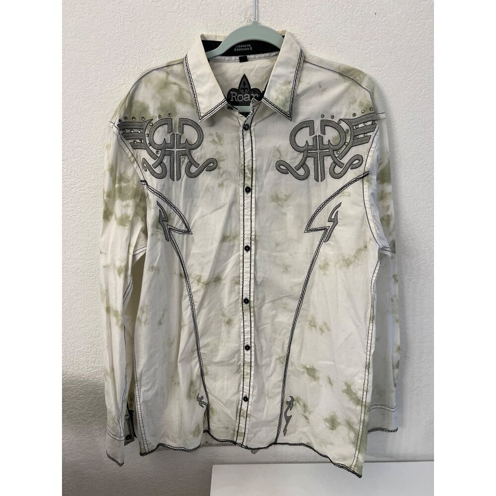 Roar Men's White Button-Down Shirt with Olive Accents